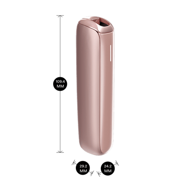 Ploom AURA Rose Gold device shown with product dimensions: 10.94cm height x 2.92 cm width and 2.42 cm depth
