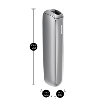 جهاز Ploom AURA الفضي مع عرض أبعاد المنتج: الارتفاع 10.94 سم × العرض 2.92 سم × العمق 2.42 سم