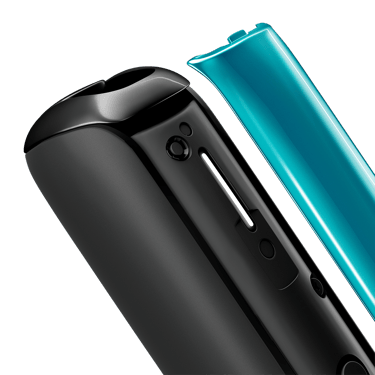 Close-up of Ocean Blue Ploom Aura front panel, detached from device.