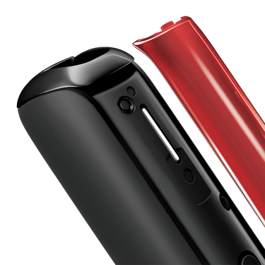 Close-up of Lava Red Ploom Aura front panel, detached from device.