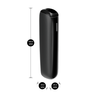 جهاز Ploom AURA Jet Black مع عرض أبعاد المنتج: الارتفاع 10.94 سم × العرض 2.92 سم × العمق 2.42 سم