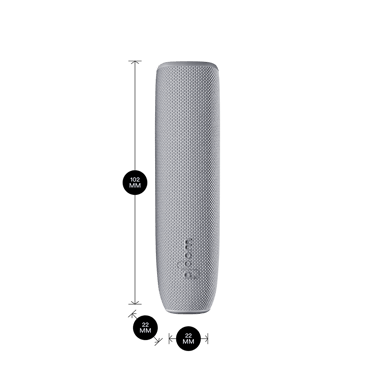 Ploom AURA device with a Lunar Silver Back Cover shown with product dimensions: 10.2cm height x 2.2 cm width and 2.2 cm depth