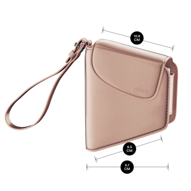 Ploom Rose Gold Duo Carry Case shown with product dimensions: 10.2cm height x 2.2 cm width and 2.2 cm depth
