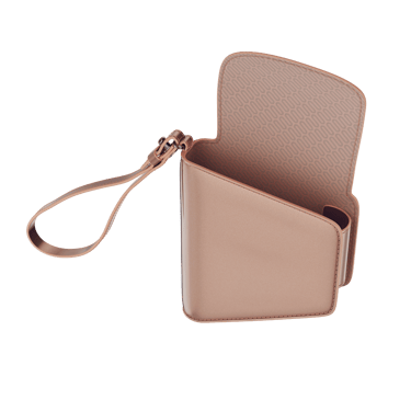 Lateral view of an empty and open Rose Gold Duo Carry Case
