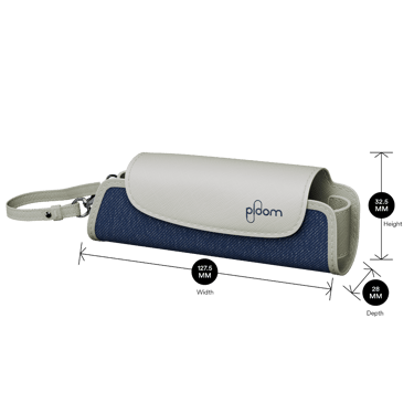 Ploom Denim Leather Fusion Solo Carry Case shown with product dimensions: 32.5 cm height x 12.75 cm width and 2.8 cm depth