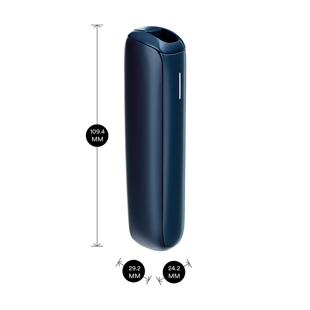 Ploom AURA Navy Blue device shown with product dimensions: 10.94cm height x 2.92 cm width and 2.42 cm depth