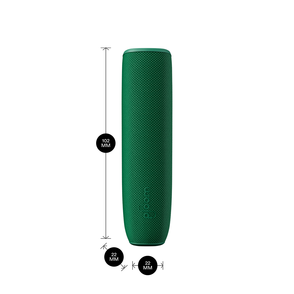 Ploom AURA device with an Amazon Green Back Cover shown with product dimensions: 10.2cm height x 2.2 cm width and 2.2 cm depth