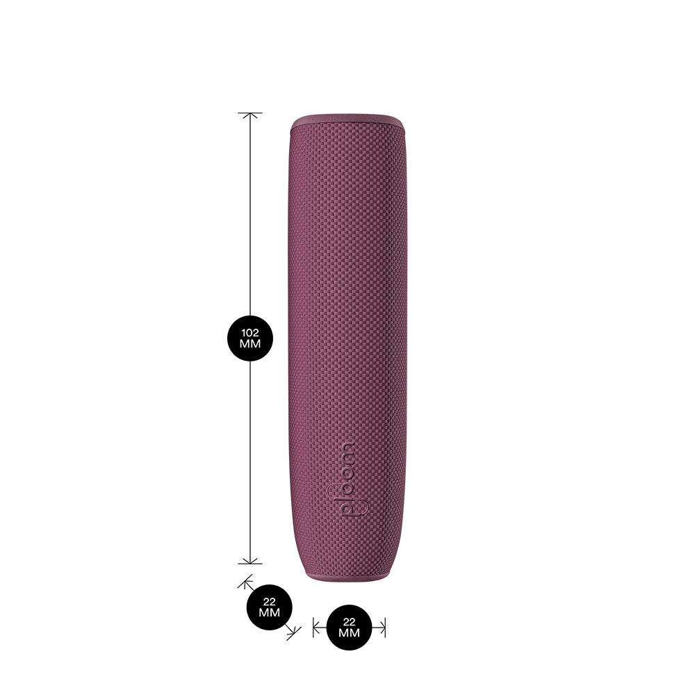 Ploom AURA device with an Dark Orchid Back Cover shown with product dimensions: 10.2cm height x 2.2 cm width and 2.2 cm depth