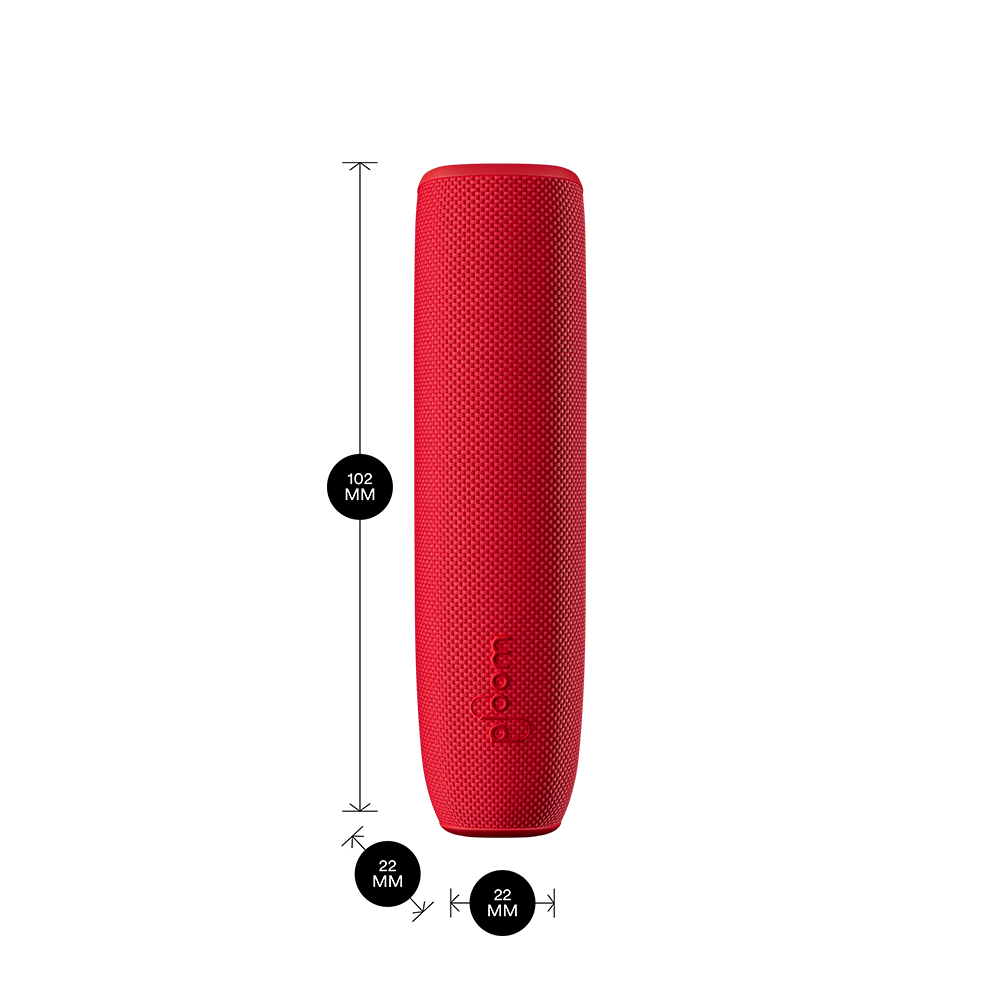 Ploom AURA device with a Lava Red Back Cover shown with product dimensions: 10.2cm height x 2.2 cm width and 2.2 cm depth
