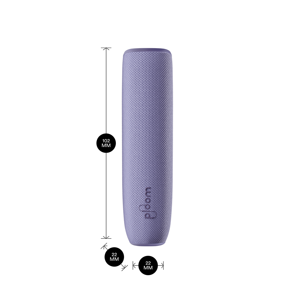 Ploom AURA device with a Lavender Back Cover shown with product dimensions: 10.2cm height x 2.2 cm width and 2.2 cm depth