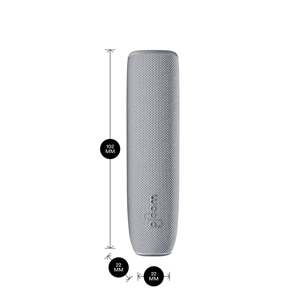 Ploom AURA device with a Lunar Silver Back Cover shown with product dimensions: 10.2cm height x 2.2 cm width and 2.2 cm depth