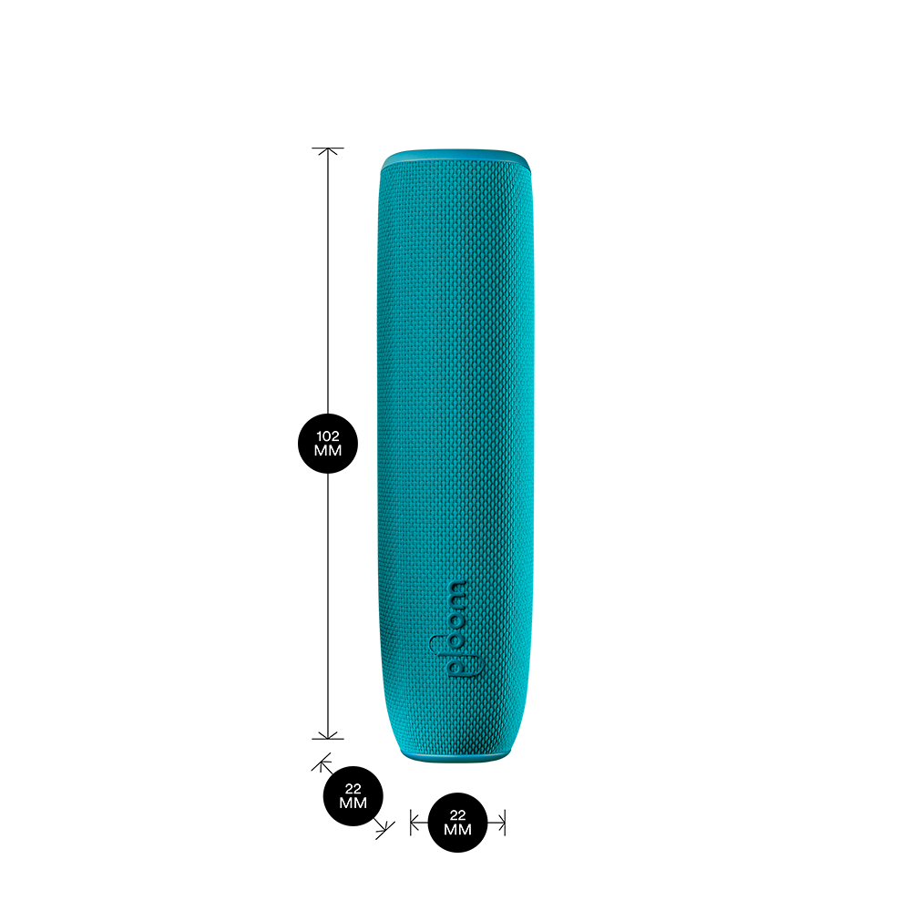 Ploom AURA device with an Ocean Blue Back Cover shown with product dimensions: 10.2cm height x 2.2 cm width and 2.2 cm depth