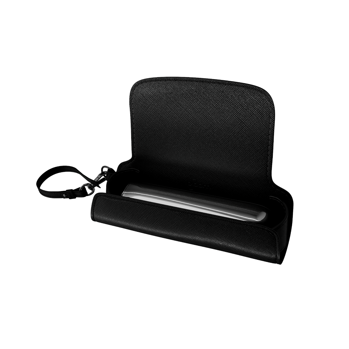 منظر جانبي لحقيبة حمل Solo باللون الأسود الداكن مع جهاز Ploom AURA والعصي (غير مشمولة)