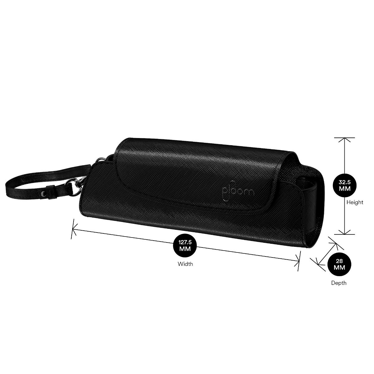 Ploom Jet Black Solor Carry Case shown with product dimensions: 32.5 cm height x 12.75 cm width and 2.8 cm depth