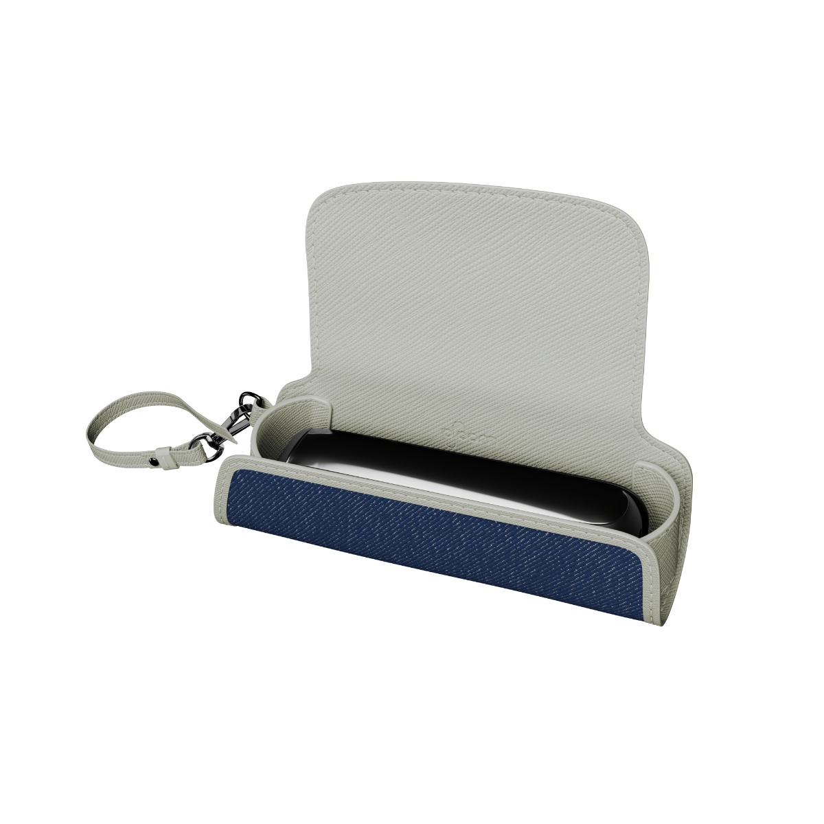 Lateral view of a Denim Leather Fusion Solo Carry Case with Ploom AURA device and sticks (not included)