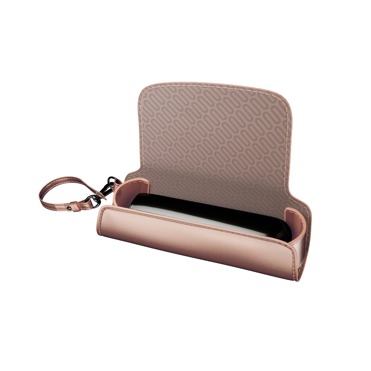 عرض جانبي لحقيبة Rose Gold Solo مفتوحة مع جهاز Ploom AURA والعصي (غير مشمولة)